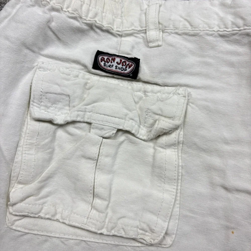 Ron Jon Surf Shop Mens Linen Blend Shorts White 38 Drawstring Cargo